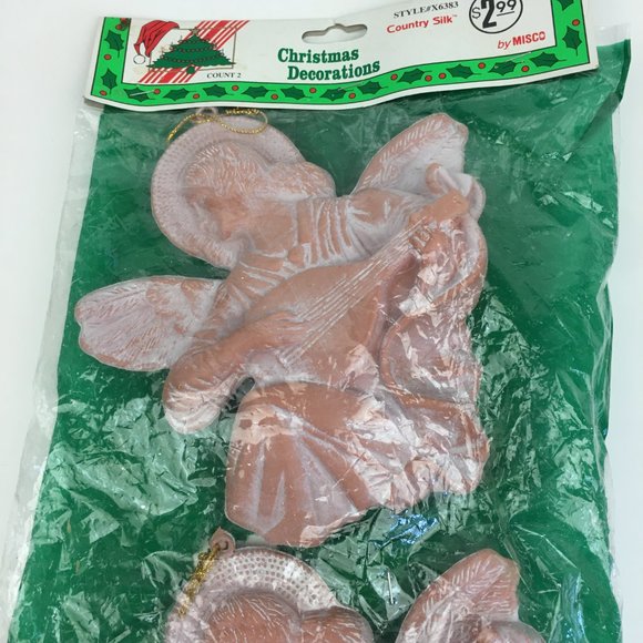 Vtg Christmas by Misco 2 Ornaments Plastic Angels Instrument Brown Country Silk - Picture 6 of 10